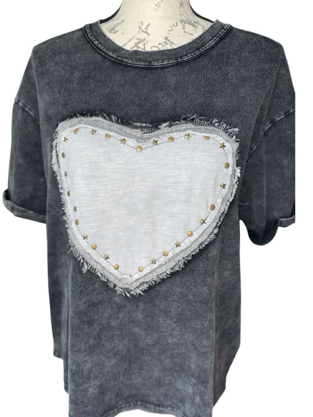 Brand New Oversized Mixed Media Mineral Washed Heart Patch Cotton Top